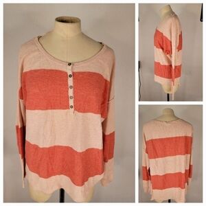 Free People Beach Sz XS Henley Top Long Sleeve Striped Linen Oversized